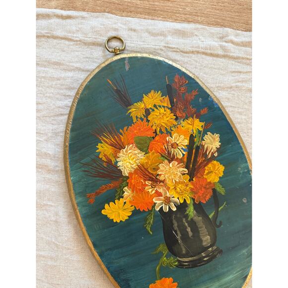 Vintage Original Oil Painting on Oval Board Fall Florals - Picture 1 of 5